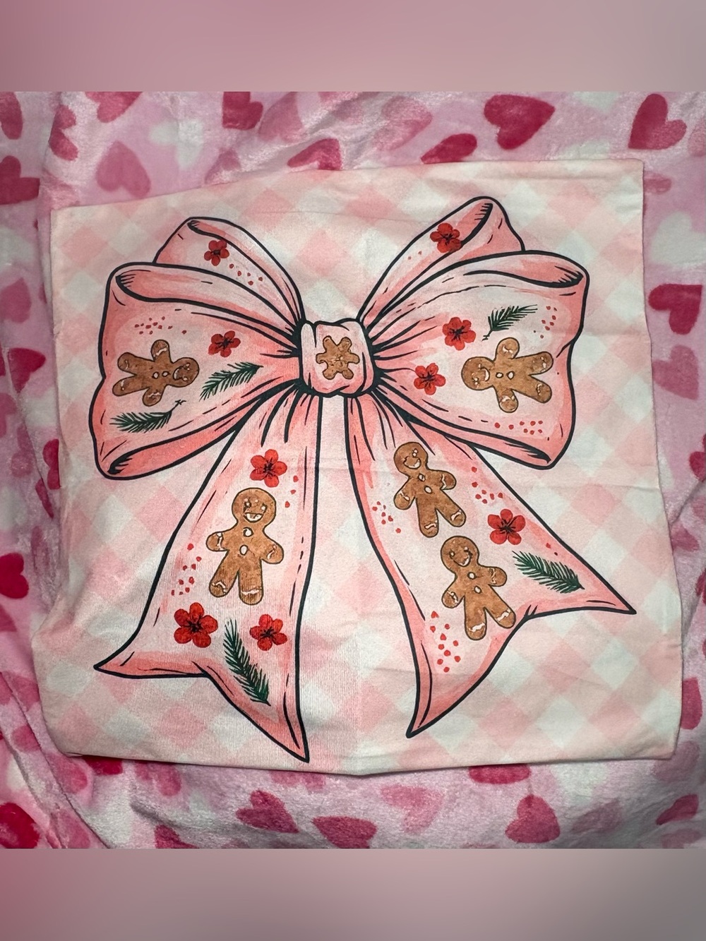 š Pink Gingham Bow And Gingerbread Print Pillow Cover